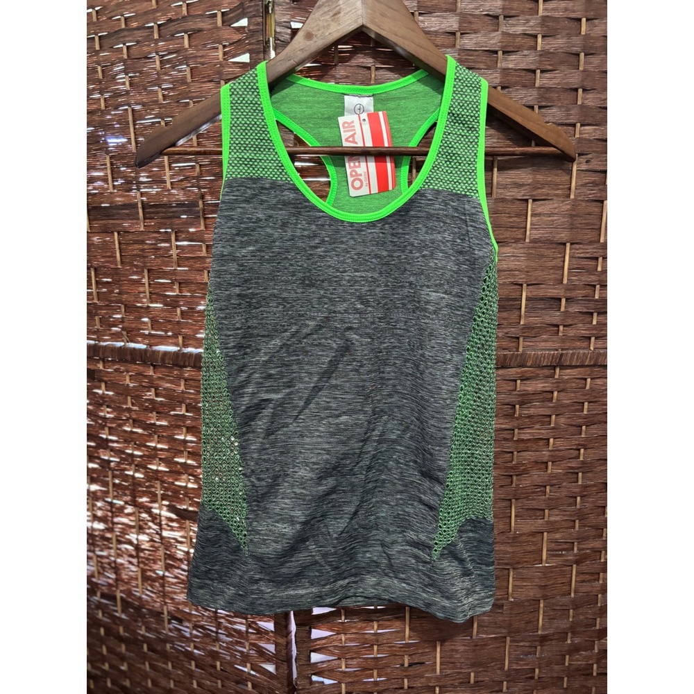 Open Air Womens Workout Tank Top Heathered Gray Neon Green Sleeveless Gym